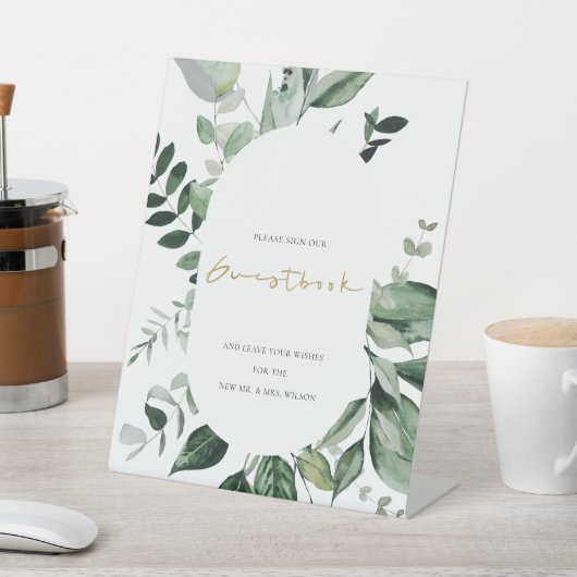 シックモダンな緑の葉の熱帯の結婚葉 台座サイン (インサイチュ)