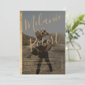 シックモダンな縁ど金ゴールド2枚の写真がオーバーレイ結婚の 招待状 (スタンド正面)