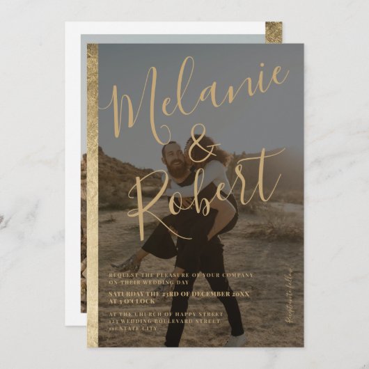 シックモダンな縁ど金ゴールド2枚の写真がオーバーレイ結婚の 招待状 (正面/裏面)