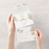 シックモダンな金ゴールドヤシの木のトロピカル結婚的な オールインワン招待状 (貼ってはがせる)