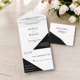 シックモダンな黒と白のエレガントな結婚式 オールインワン招待状