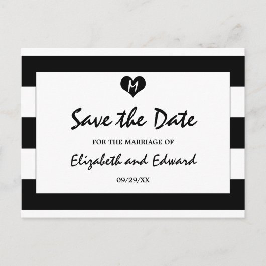 シックモダンな黒と白の結婚式の日付を保存 案内ポストカード (正面)