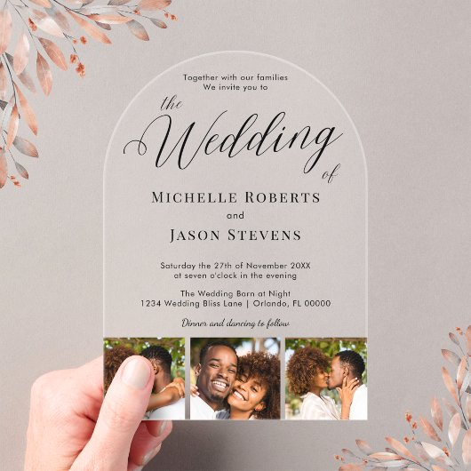 シックモダンな3フォトストリップ書道結婚ズ アクリル招待状