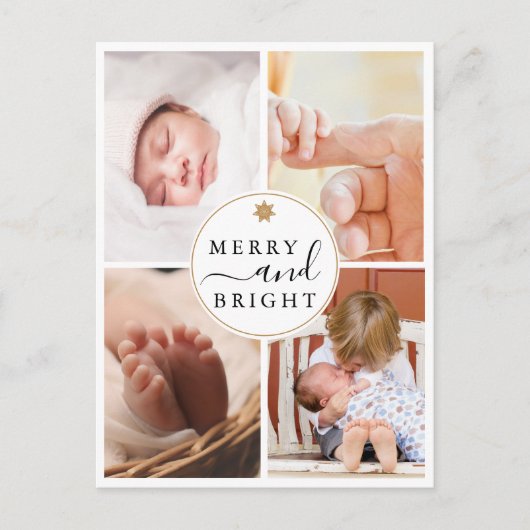 シックモダンな4写真と明るいメリークリスマス シーズンポストカード (正面)