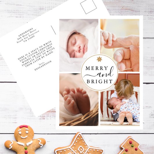 シックモダンな4写真と明るいメリークリスマス シーズンポストカード
