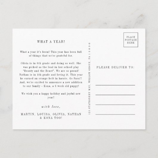 シックモダンな |グリーンクリスマスフォト年のレビュー シーズンポストカード (裏面)