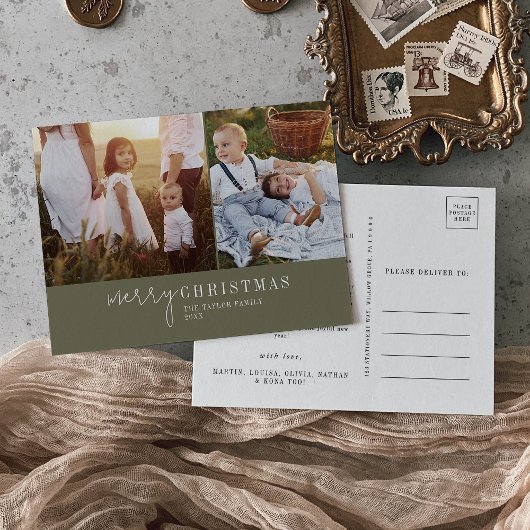 シックモダンな |グリーンフォトコラージュのクリスマスニュース シーズンポストカード