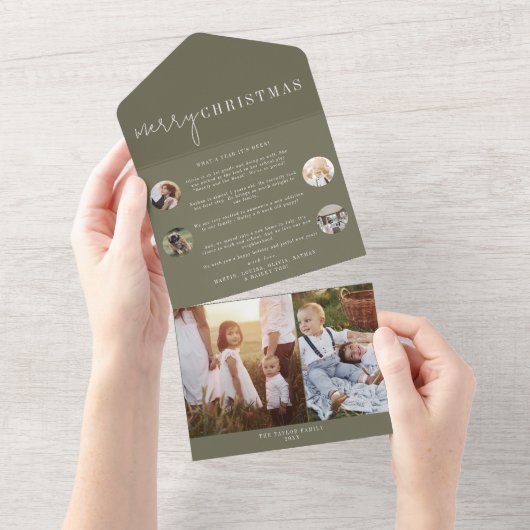 シックモダンな |グリーンメリークリスマスフォト数々のー オールインワン招待状 (貼ってはがせる)