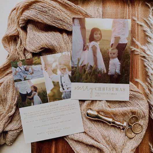 シックモダンな |金ゴールドのクリスマス写真年のレビュー シーズンカード