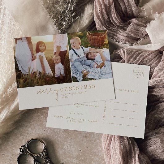 シックモダンな |金ゴールド写真コラージュのクリスマスニュース シーズンポストカード