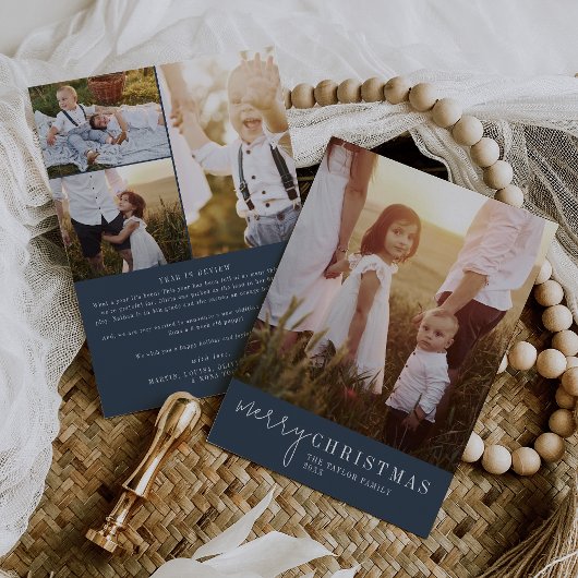 シックモダンな Navy Christmas Photo Year in Review シーズンカード