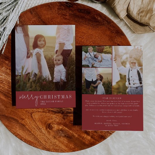 シックモダンな Red Christmas Photo Year in Review シーズンカード