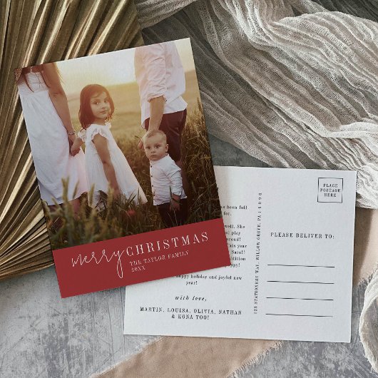 シックモダンな Red Christmas Photo Year in Review シーズンポストカード