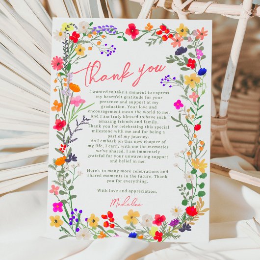 シックモダンなboho明るい野生の花の卒業 サンキューカード