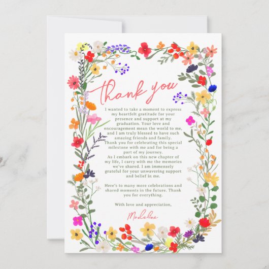 シックモダンなboho明るい野生の花の卒業 サンキューカード (正面)