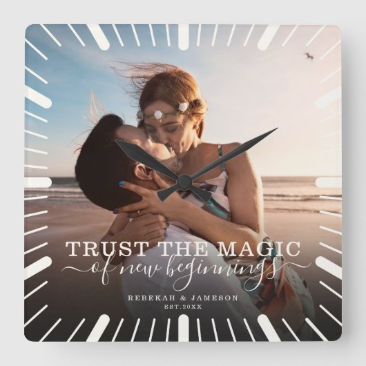 シックモダンのキープ結婚サーク·トラスト·魔法写真 スクエア壁時計 (正面)