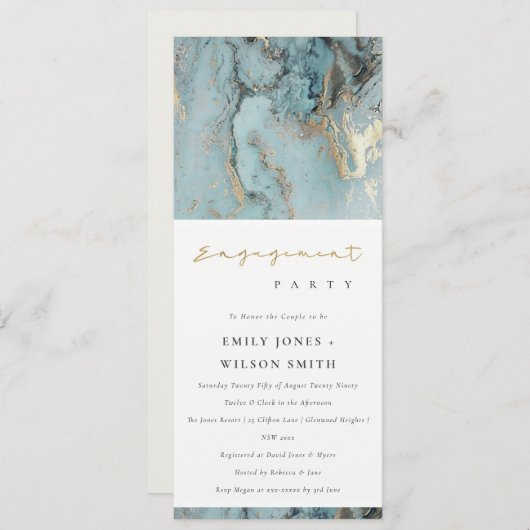 シックモダンアクアデュスキーブルー金ゴールドアゲート婚約 招待状 (正面/裏面)