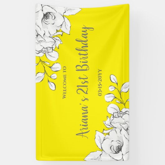 シックモダンイエローホワイトフローラ誕生日歓迎 横断幕 (縦)