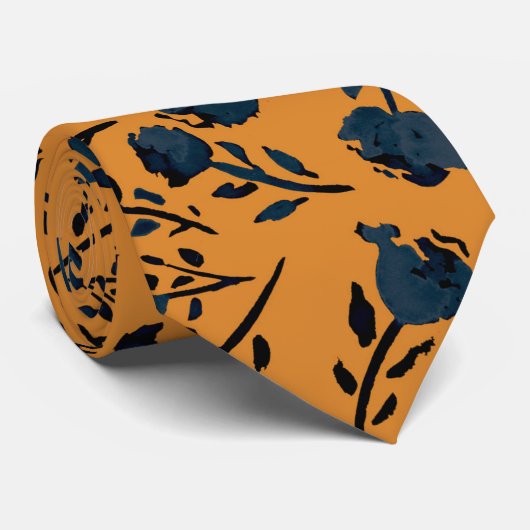 シックモダンイエローマスタードとブルーオータムフローラ ネクタイ (ロール)