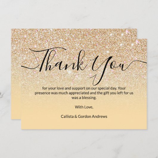 シックモダンイエロー金ゴールドグリッターグラデーション サンキューカード (正面/裏面)