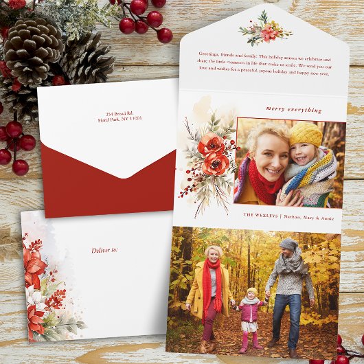 シックモダンウォーターカラークリスマスボタニカルフォト オールインワン招待状