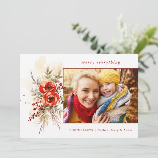 シックモダンウォーターカラークリスマスボタニカルフォト シーズンカード (スタンド正面)