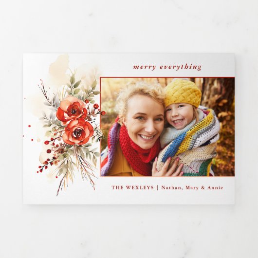 シックモダンウォーターカラークリスマスボタニカルフォト 三つ折りクリスマスカード (カバー)