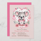 シックモダンウォーターカラーコアラピンク誕生日 招待状 (正面/裏面)