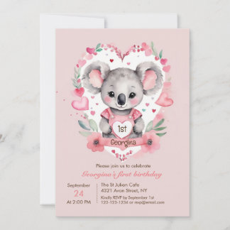 シックモダンウォーターカラーコアラピンク誕生日 招待状