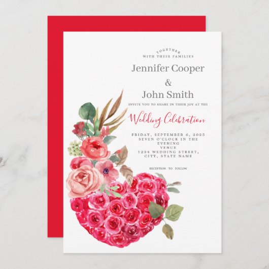 シックモダンウォーターカラーバラハート結婚フローラ 招待状 (正面/裏面)