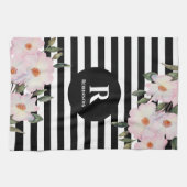 シックモダンウォーターカラーピンクローズストライプズモノグラム キッチンタオル (横)