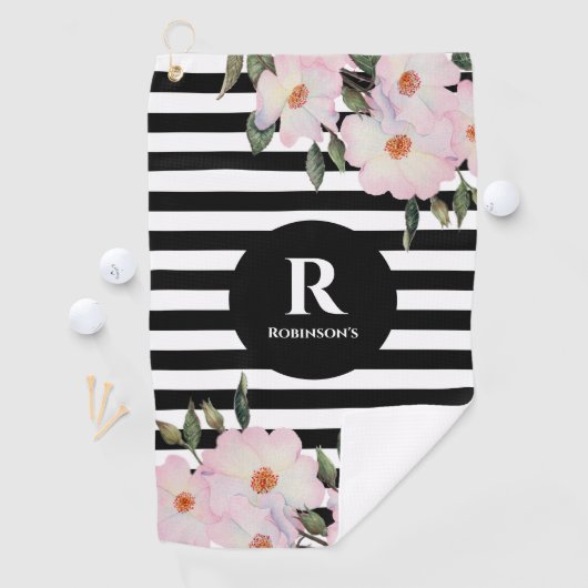 シックモダンウォーターカラーピンクローズストライプズモノグラム ゴルフタオル (インサイチュ)