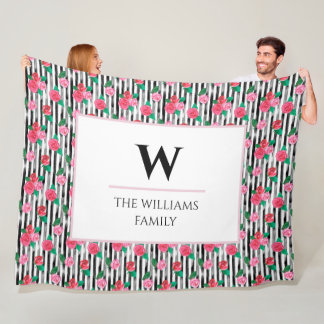 シックモダンウォーターカラーフローラピンクローズモノグラム フリースブランケット