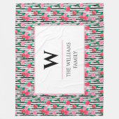 シックモダンウォーターカラーフローラピンクローズモノグラム フリースブランケット (正面)