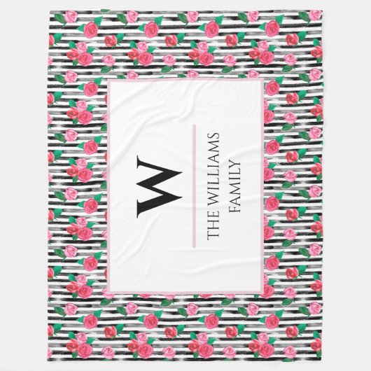 シックモダンウォーターカラーフローラピンクローズモノグラム フリースブランケット (正面)