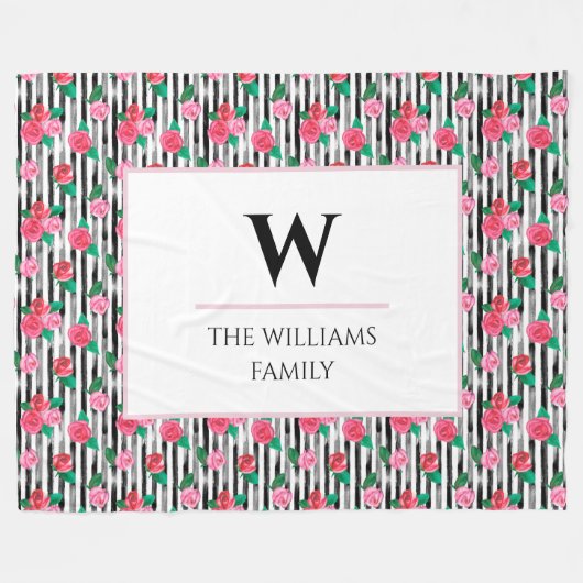 シックモダンウォーターカラーフローラピンクローズモノグラム フリースブランケット (正面(横))