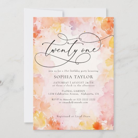 シックモダンウォーターカラーフローラ21st誕生日 招待状 (正面)