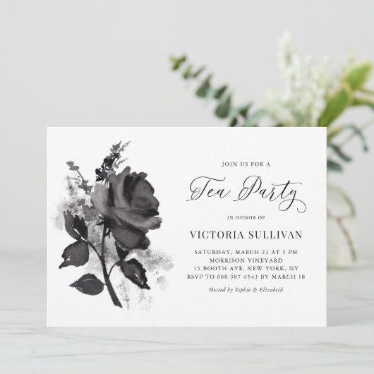 シックモダンウォーターカラーブラックバラティーパーティー 招待状 (スタンド正面)