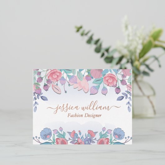 シックモダンウォーターカラーブルーアジサイフローラポスト 箔シーズンポストカード (立ち正面)