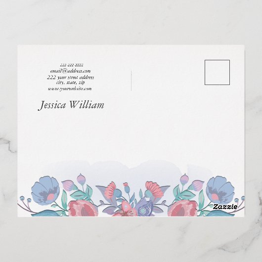 シックモダンウォーターカラーブルーアジサイフローラポスト 箔シーズンポストカード (裏面)