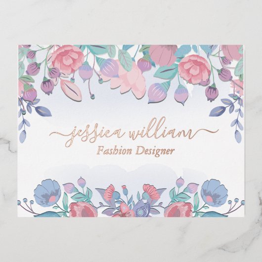 シックモダンウォーターカラーブルーアジサイフローラポスト 箔シーズンポストカード (正面)