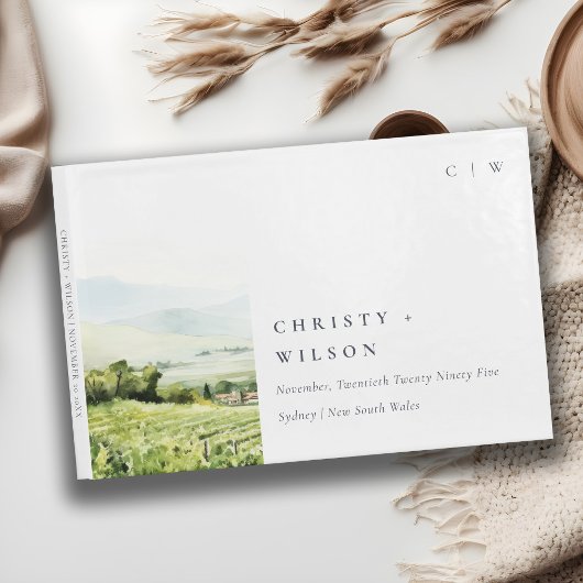 シックモダンウォーターカラーヴィンヤードランドスケープ結婚ズ ゲストブック