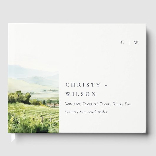 シックモダンウォーターカラーヴィンヤードランドスケープ結婚ズ ゲストブック (正面)