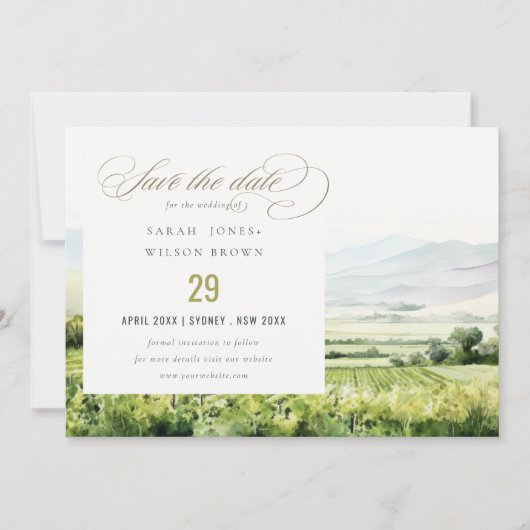 シックモダンウォーターカラーヴィンヤードランドスケープ結婚ズ セーブザデート (正面)