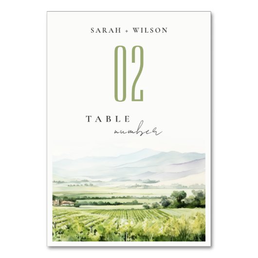 シックモダンウォーターカラーヴィンヤードランドスケープ結婚ズ テーブルナンバー (正面)