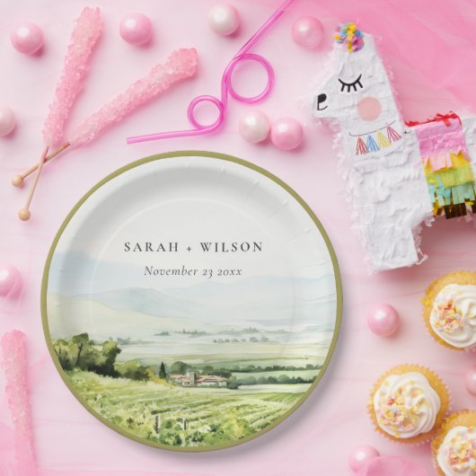 シックモダンウォーターカラーヴィンヤードランドスケープ結婚ズ ペーパープレート (パーティー)