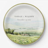シックモダンウォーターカラーヴィンヤードランドスケープ結婚ズ ペーパープレート (正面)