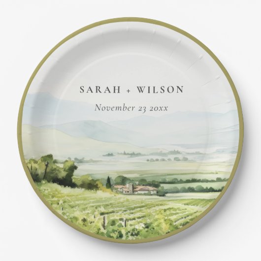 シックモダンウォーターカラーヴィンヤードランドスケープ結婚ズ ペーパープレート (正面)