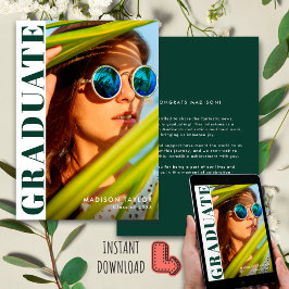 シックモダンエメラルドグリーンホワイト写真卒業 案内状