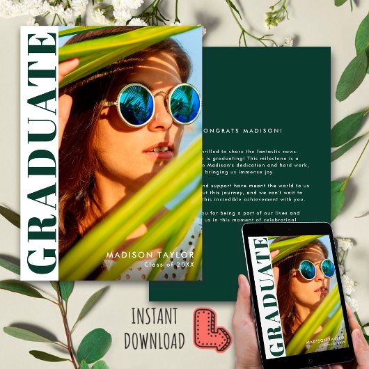 シックモダンエメラルドグリーンホワイト写真卒業 案内状